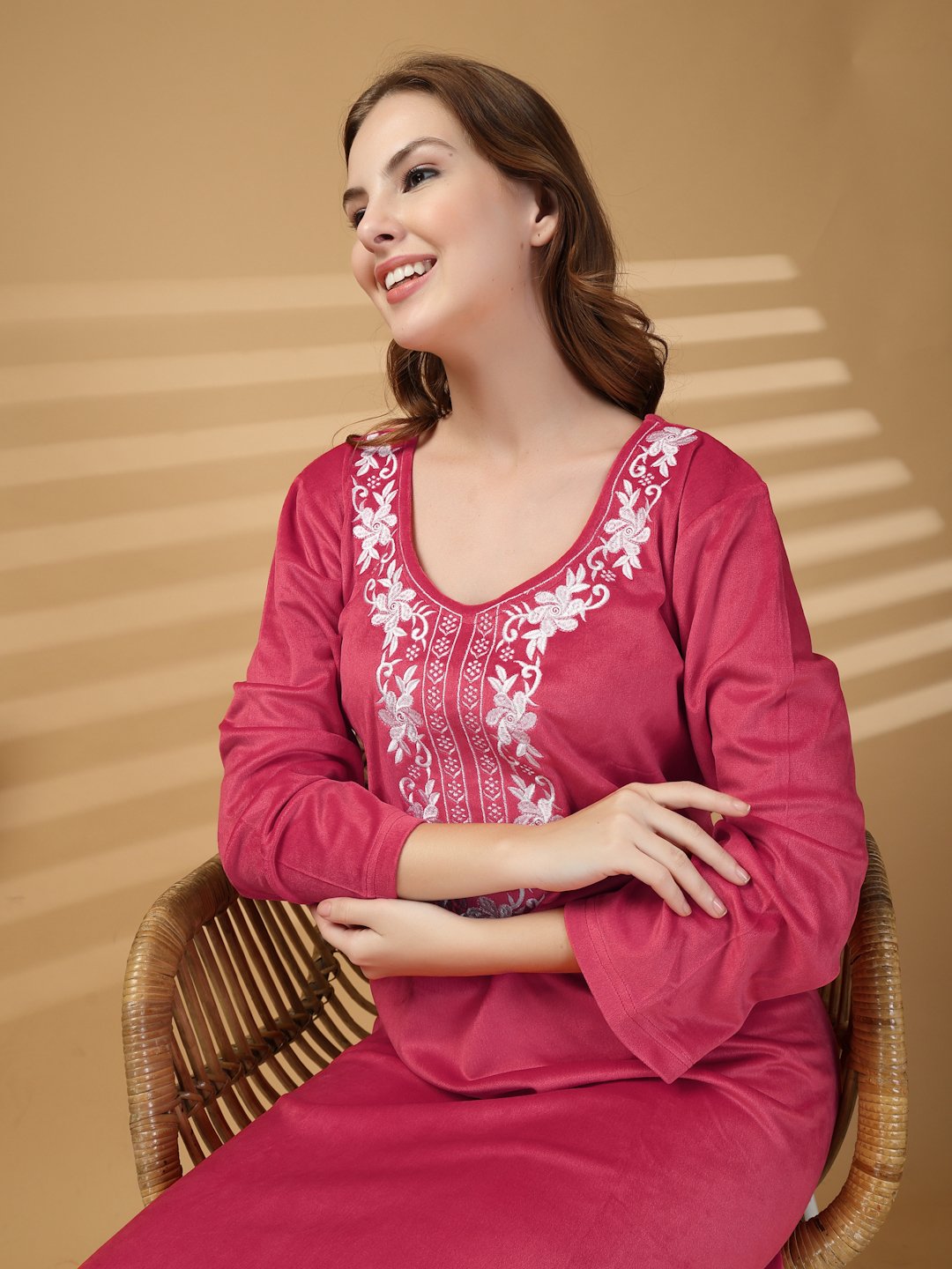 Klotthe Red Solid Soft touch Velvet Maxi Nightdress