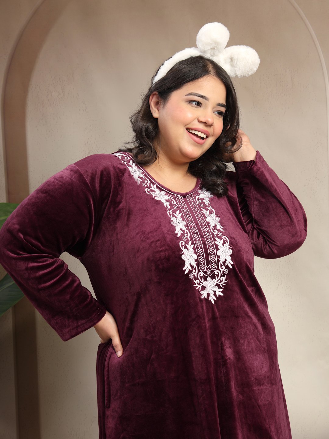 Klotthe Wine Solid Soft touch Velvet Maxi Nightdress