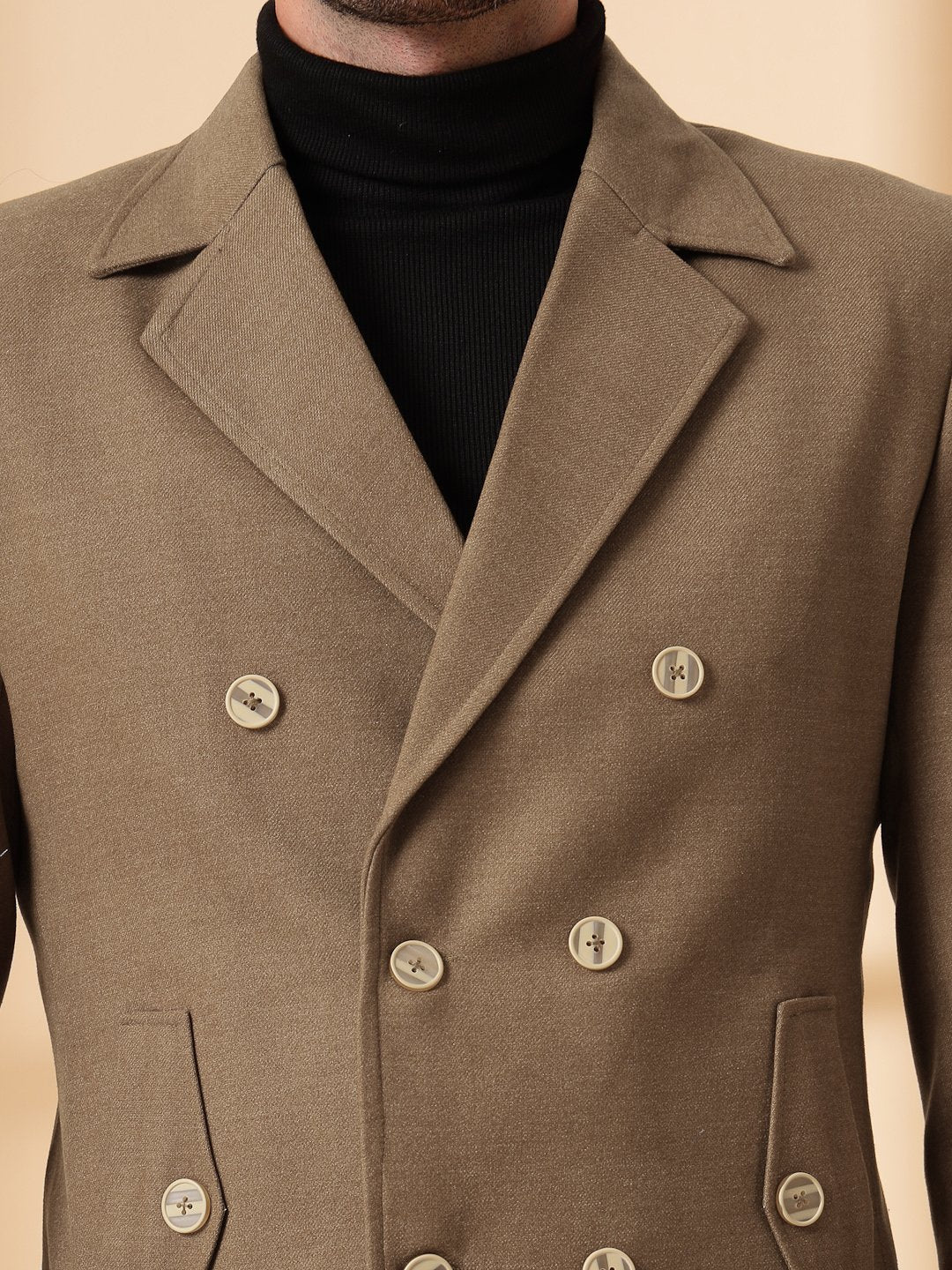 Brown Long Sleeve Double-Breasted Woolen Coat