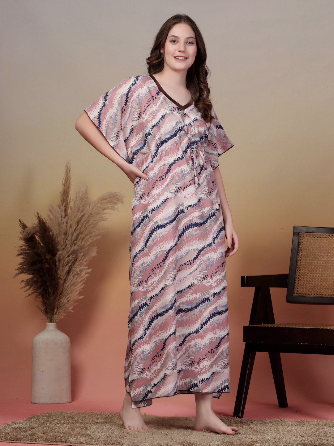 Multi Abstract Cotton Blend Kaftan Maxi Nightdress