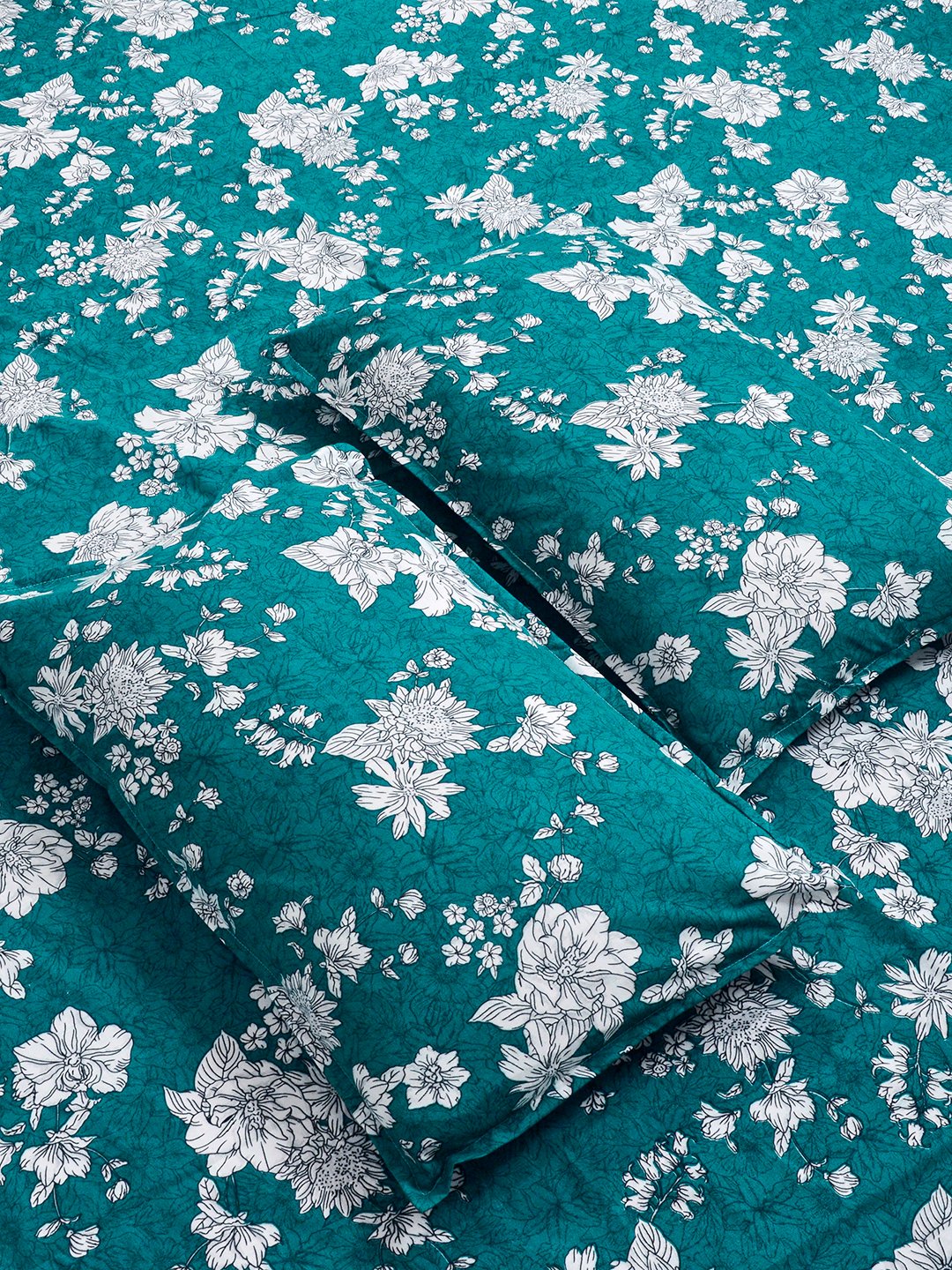 Green Floral Cotton Blend Fitted Double Bedsheet with 2 Pillow Covers