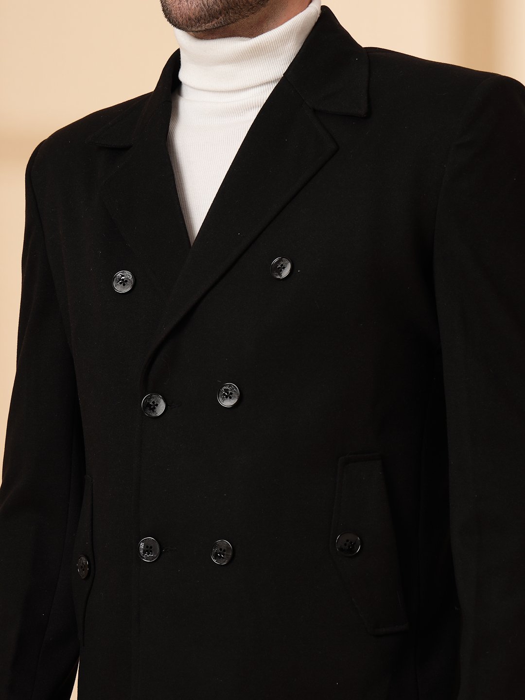 Black Long Sleeve Double-Breasted Woolen Coat