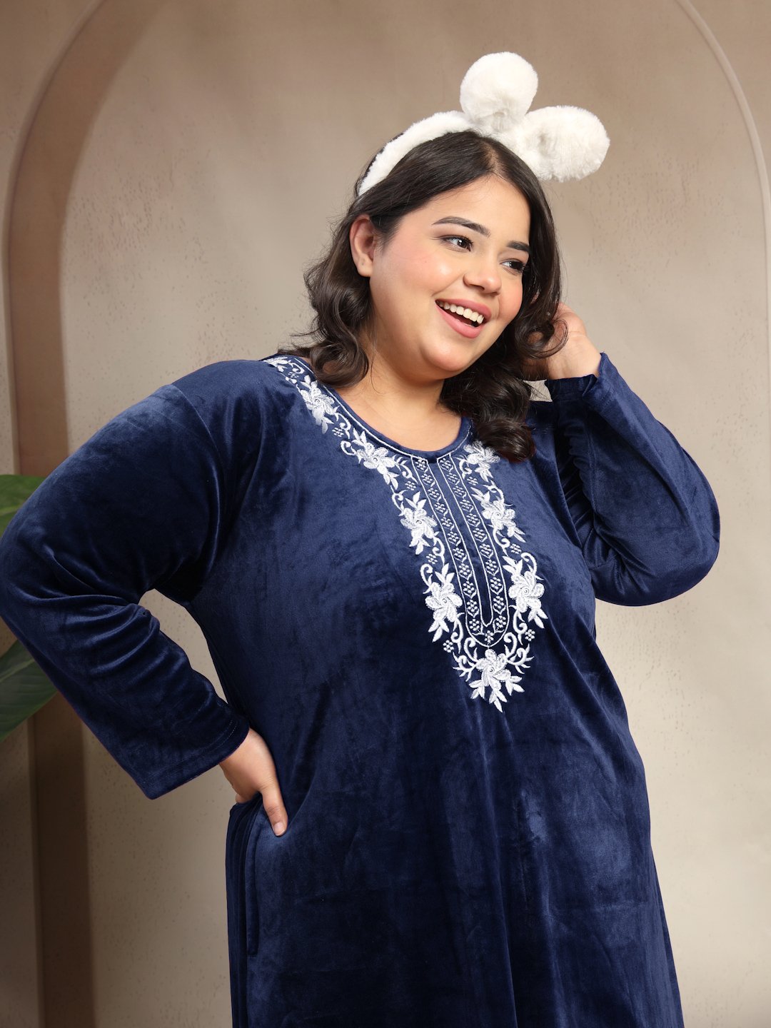 Klotthe Blue Solid Soft touch Velvet Maxi Nightdress