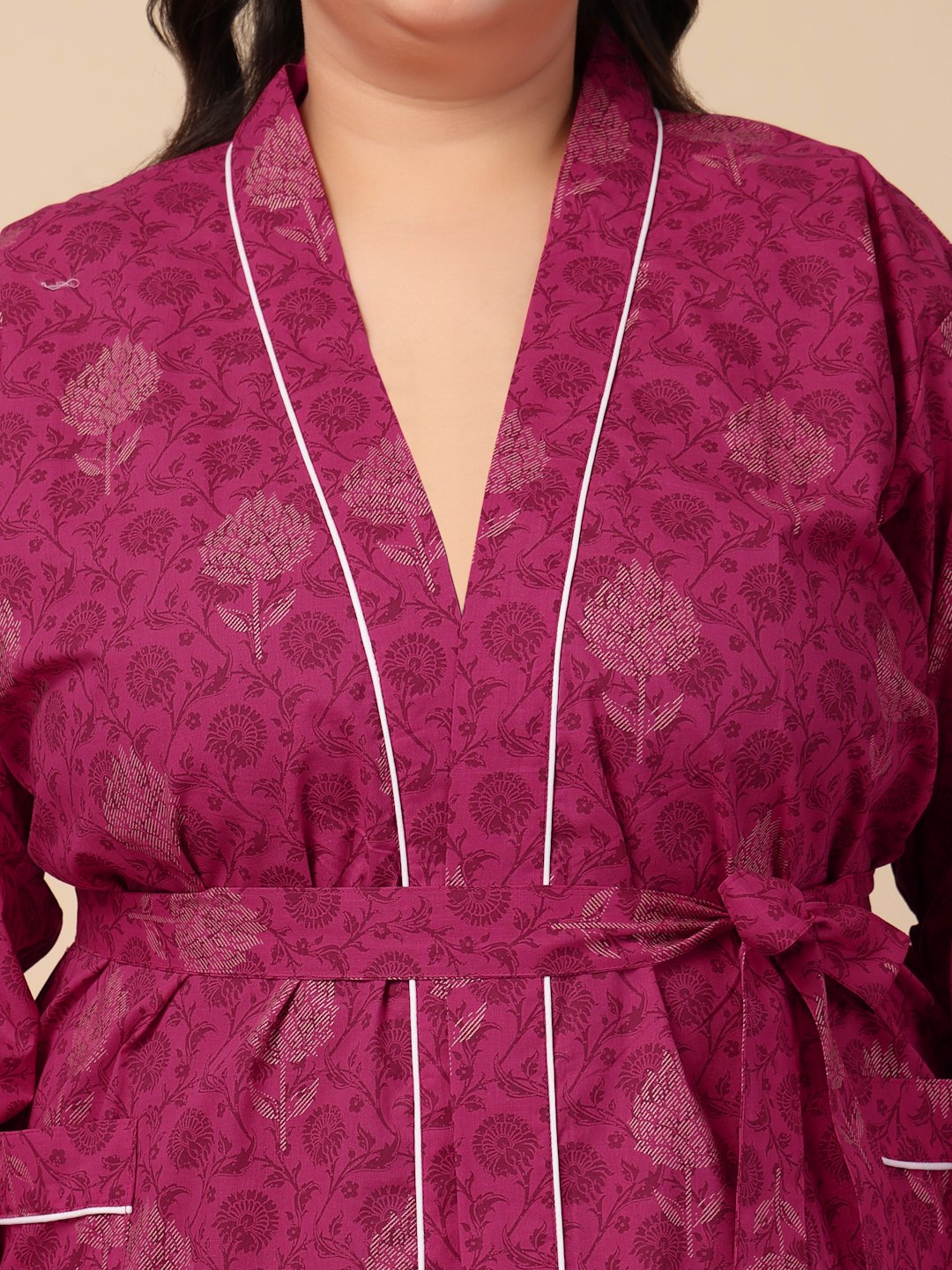 Women Printed Pink Floral Plus Size Pure Cotton Bath Robe With Belt