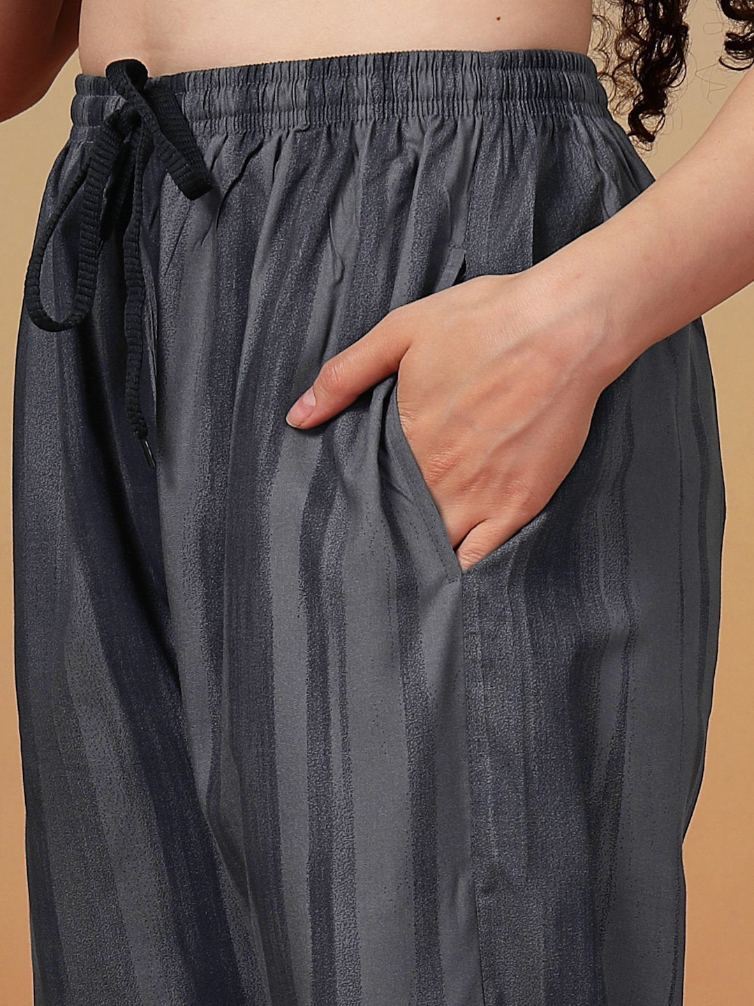 Women Grey Striped Pure Cotton Night Suit