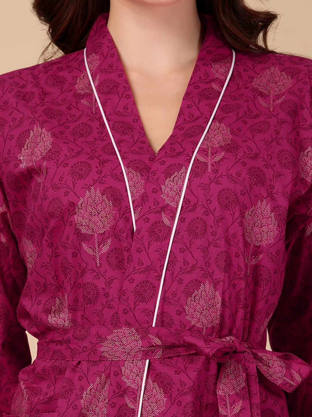 Women Printed Pink Floral Pure Cotton Bath Robe With Belt