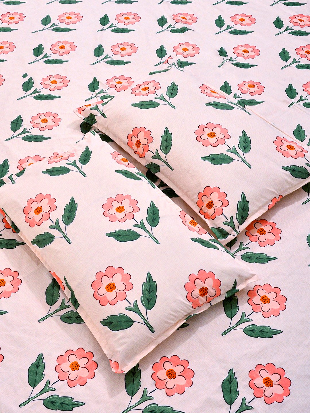 Pink Floral Cotton Blend Double Bedsheet with 2 Pillow Covers