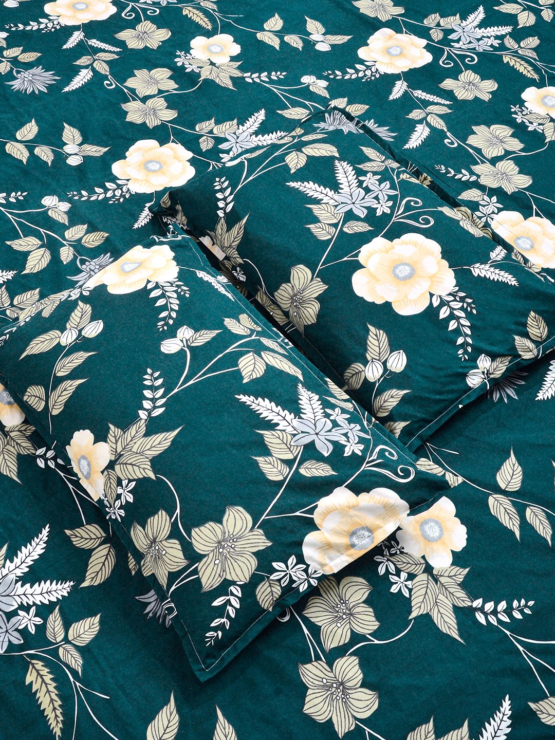 Green Floral Cotton Blend Fitted Double Bedsheet with 2 Pillow Covers