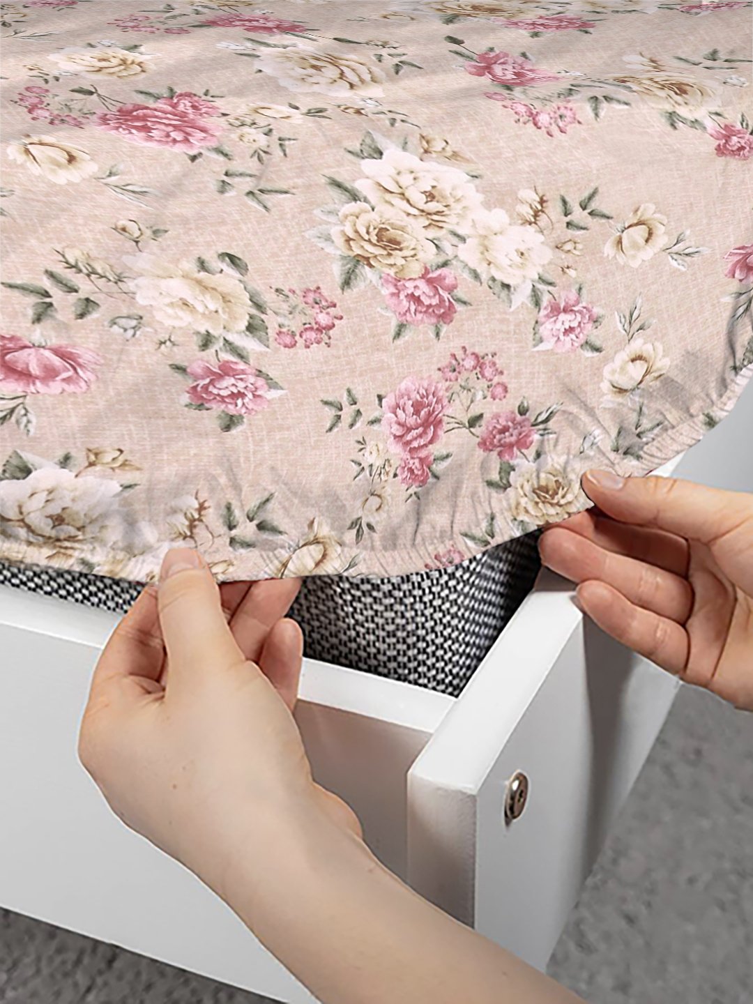 Beige Floral 300 TC Cotton Blend Fitted Double Bedsheet with 2 Pillow Covers