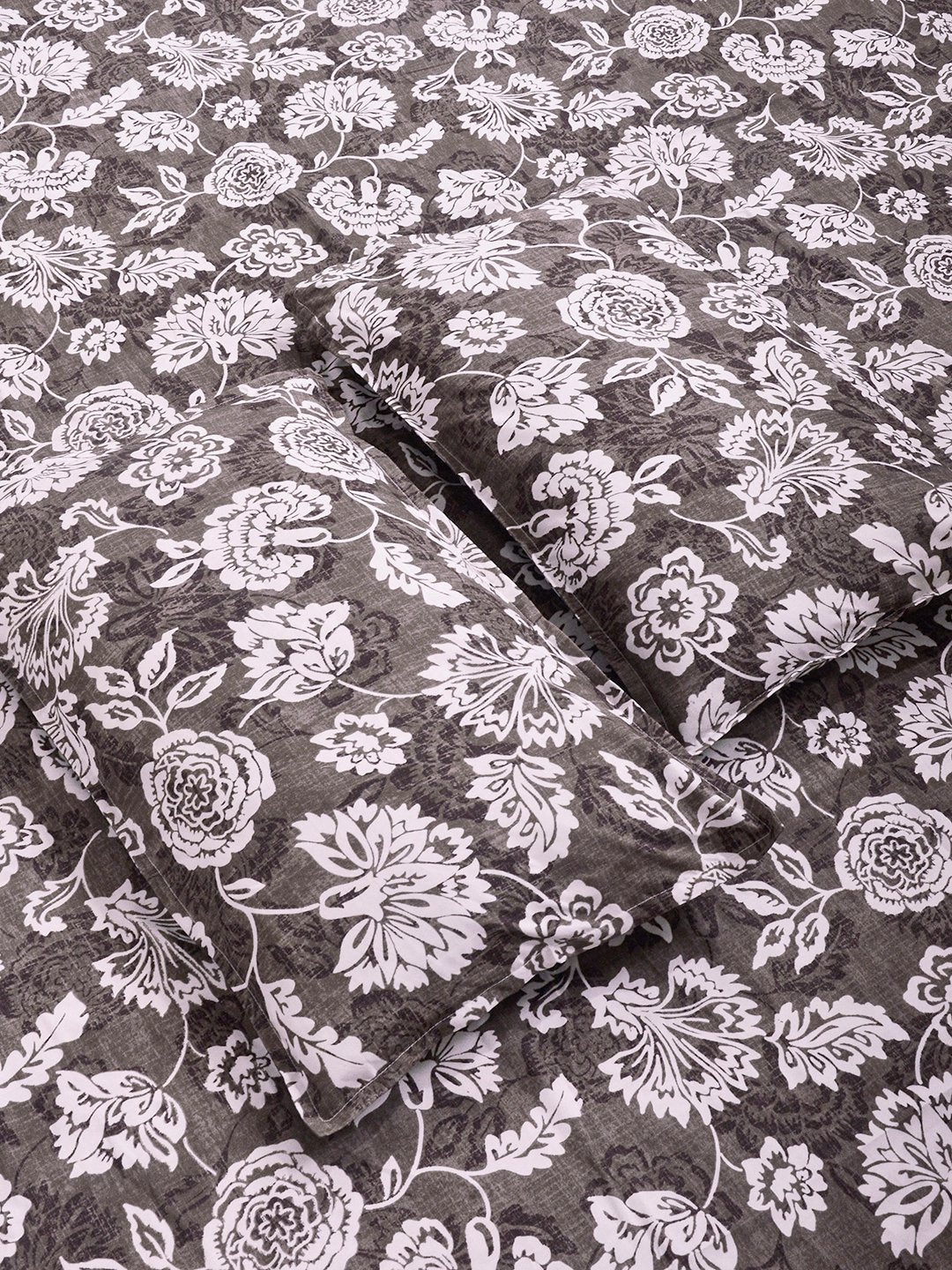 Brown Floral Cotton Blend Double Bedsheet with 2 Pillow Covers