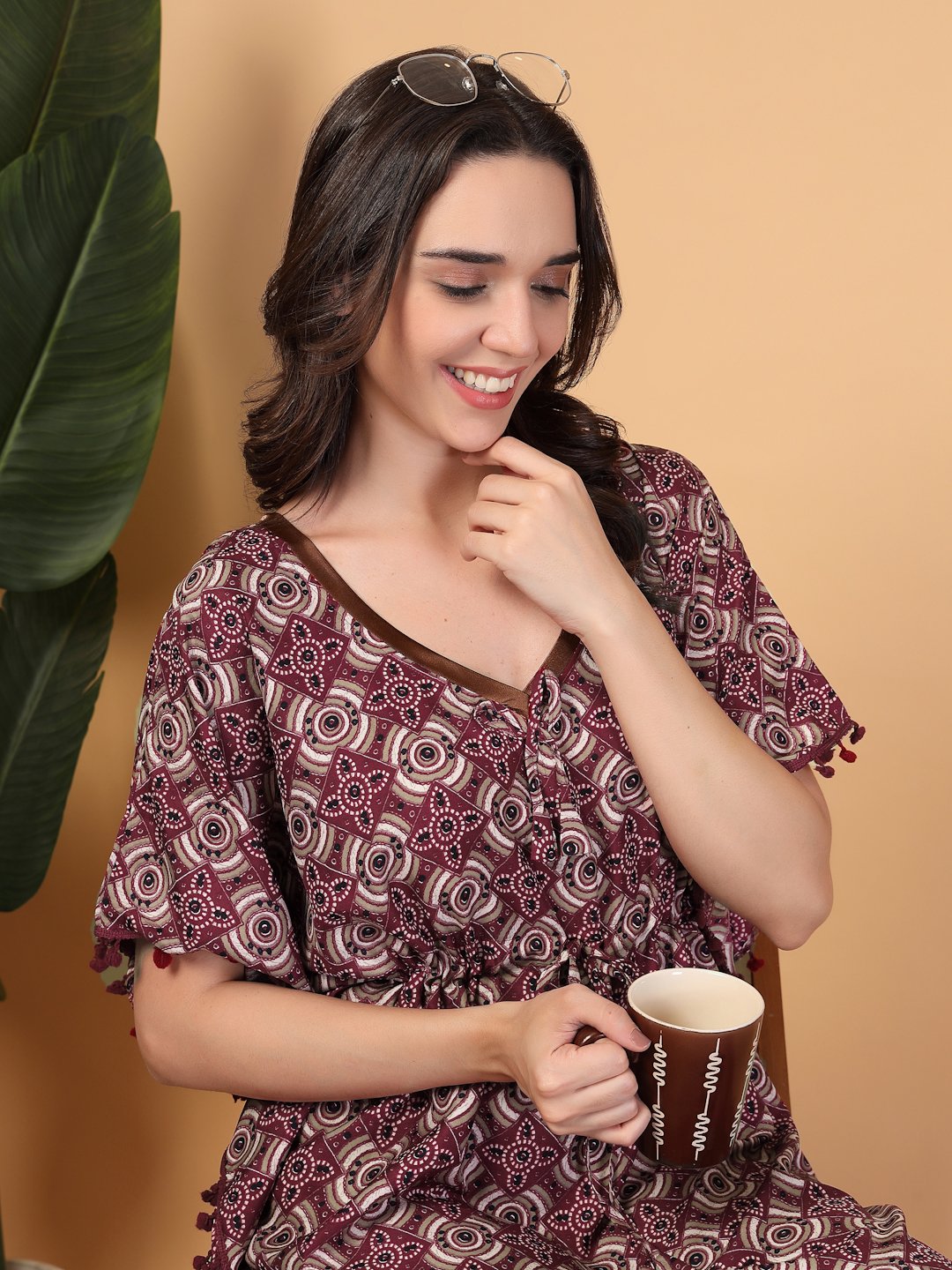 Red Floral Cotton Blend Kaftan Maxi Nightdress