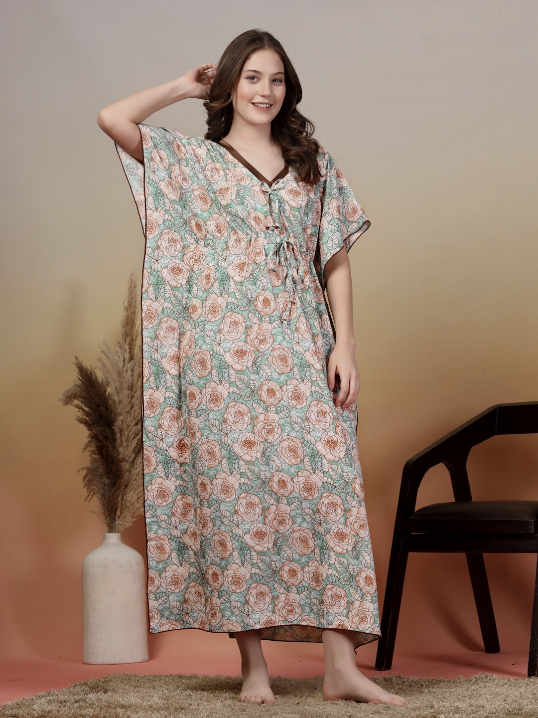Green Floral Cotton Blend Kaftan Maxi Nightdress