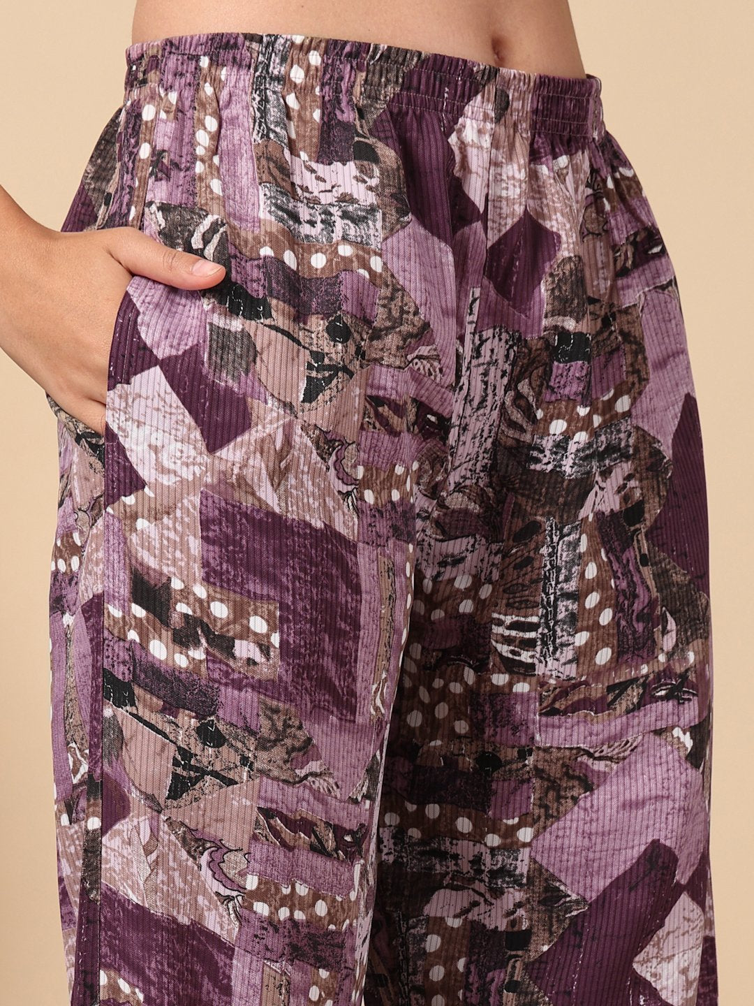 Purple Geometric Cotton Blend Women Night Suit