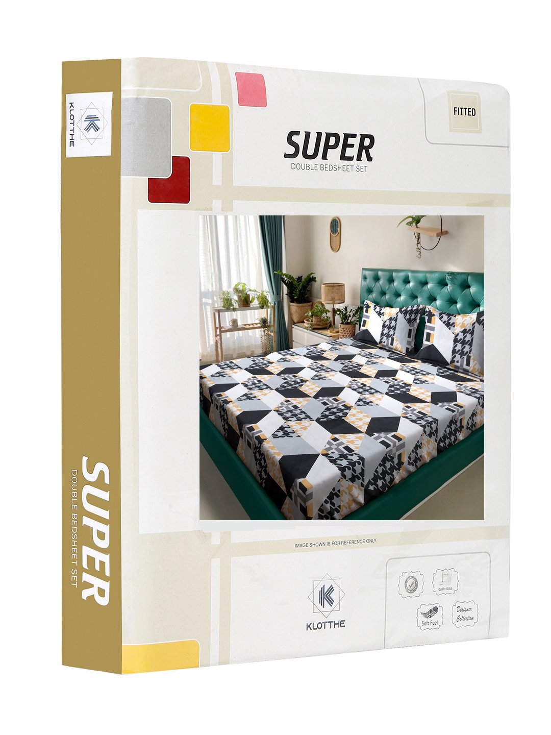 Book Fold Multi Geometric 300 TC Cotton Blend Fitted Double Bedsheet with 2 Pillow Covers