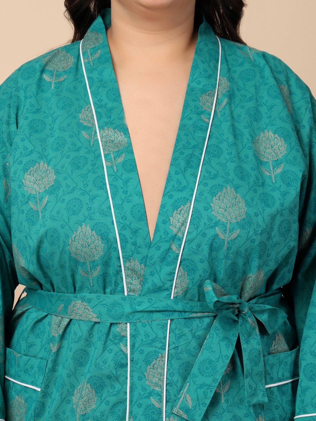 Women Printed Green Floral Plus Size Pure Cotton Bath Robe With Belt