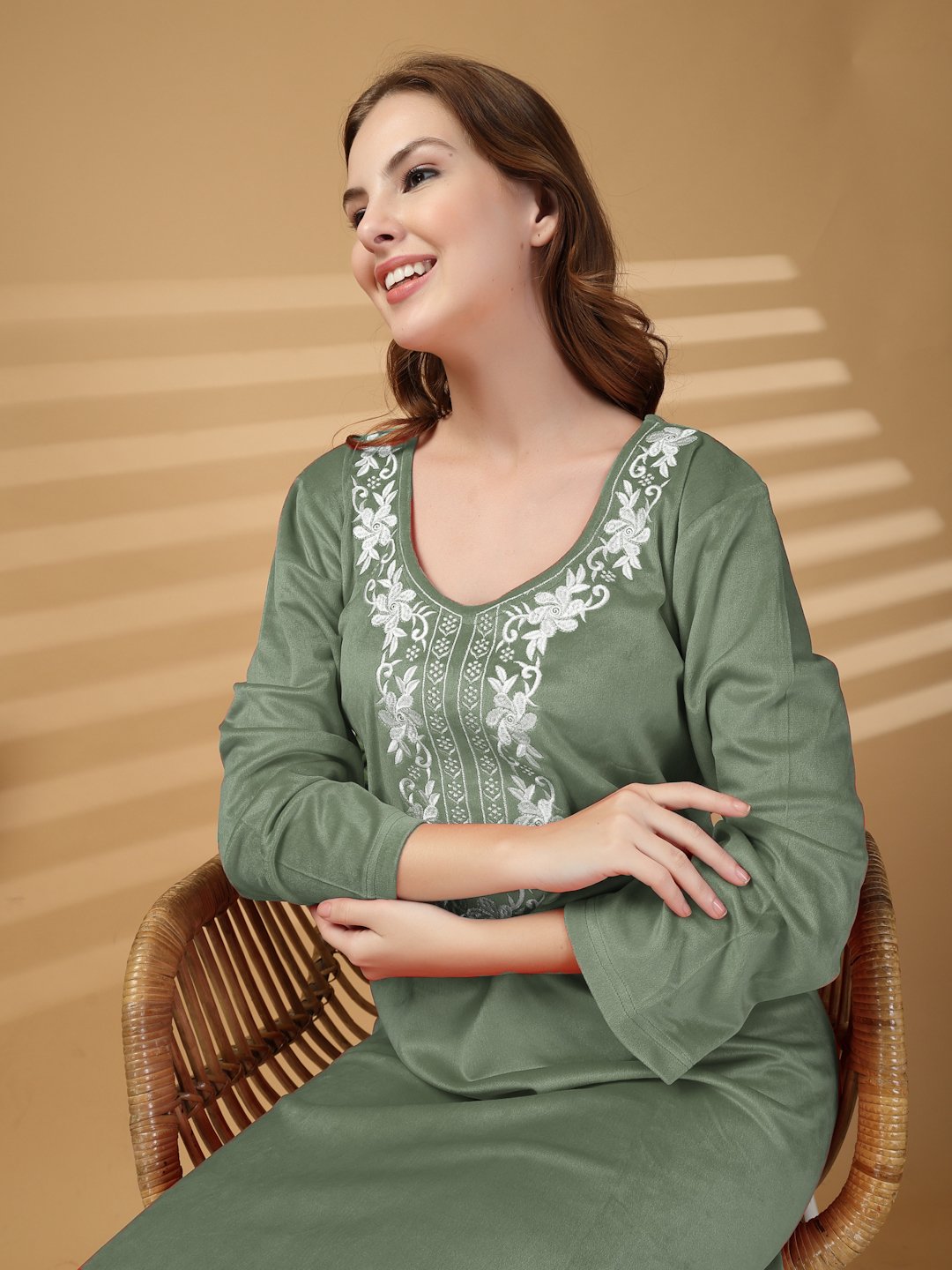 Klotthe Olive Solid Soft touch Velvet Maxi Nightdress