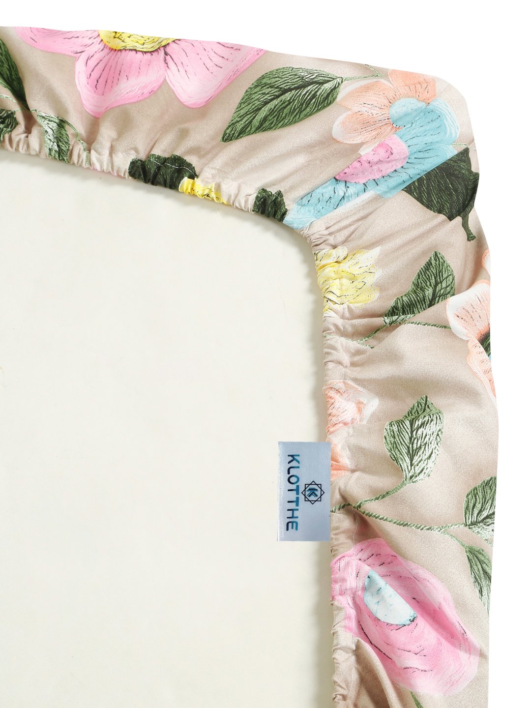 Beige Floral 7D King Size Cotton Blend Fitted Double Bedsheet with 2 Pillow Covers