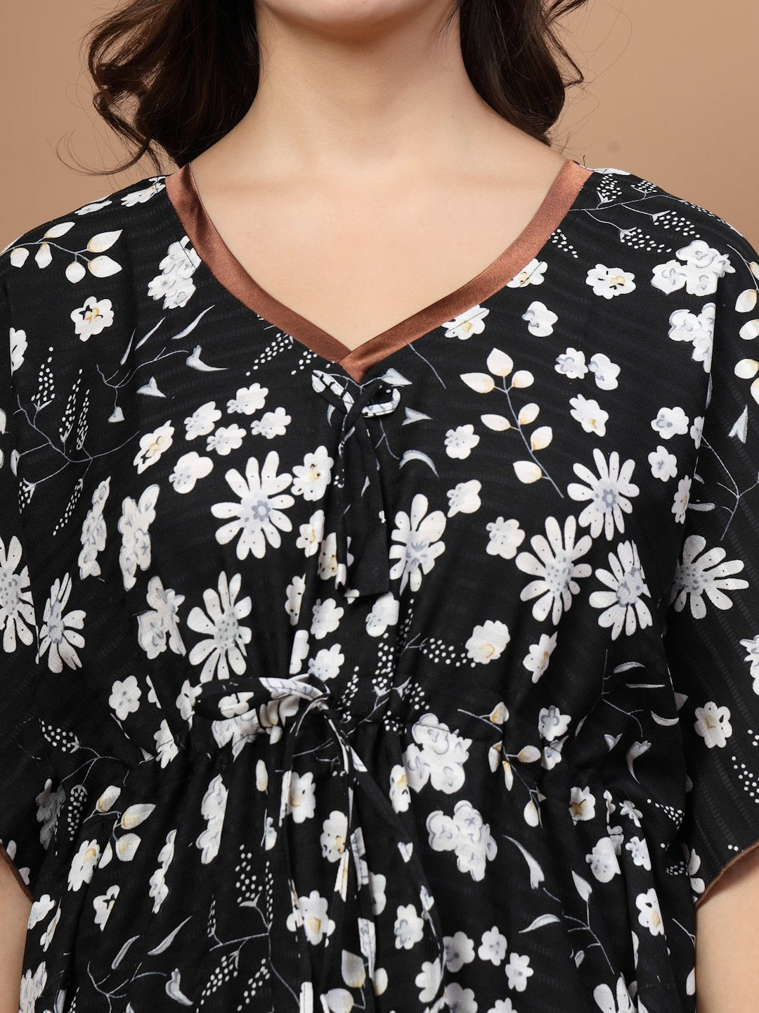 Black Floral Cotton Blend Kaftan Maxi Nightdress