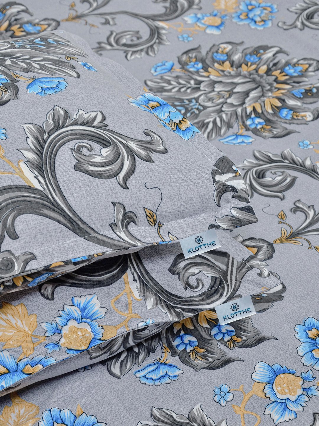 Grey Floral 300 TC Cotton Blend Double Bedsheet with 2 Pillow Covers