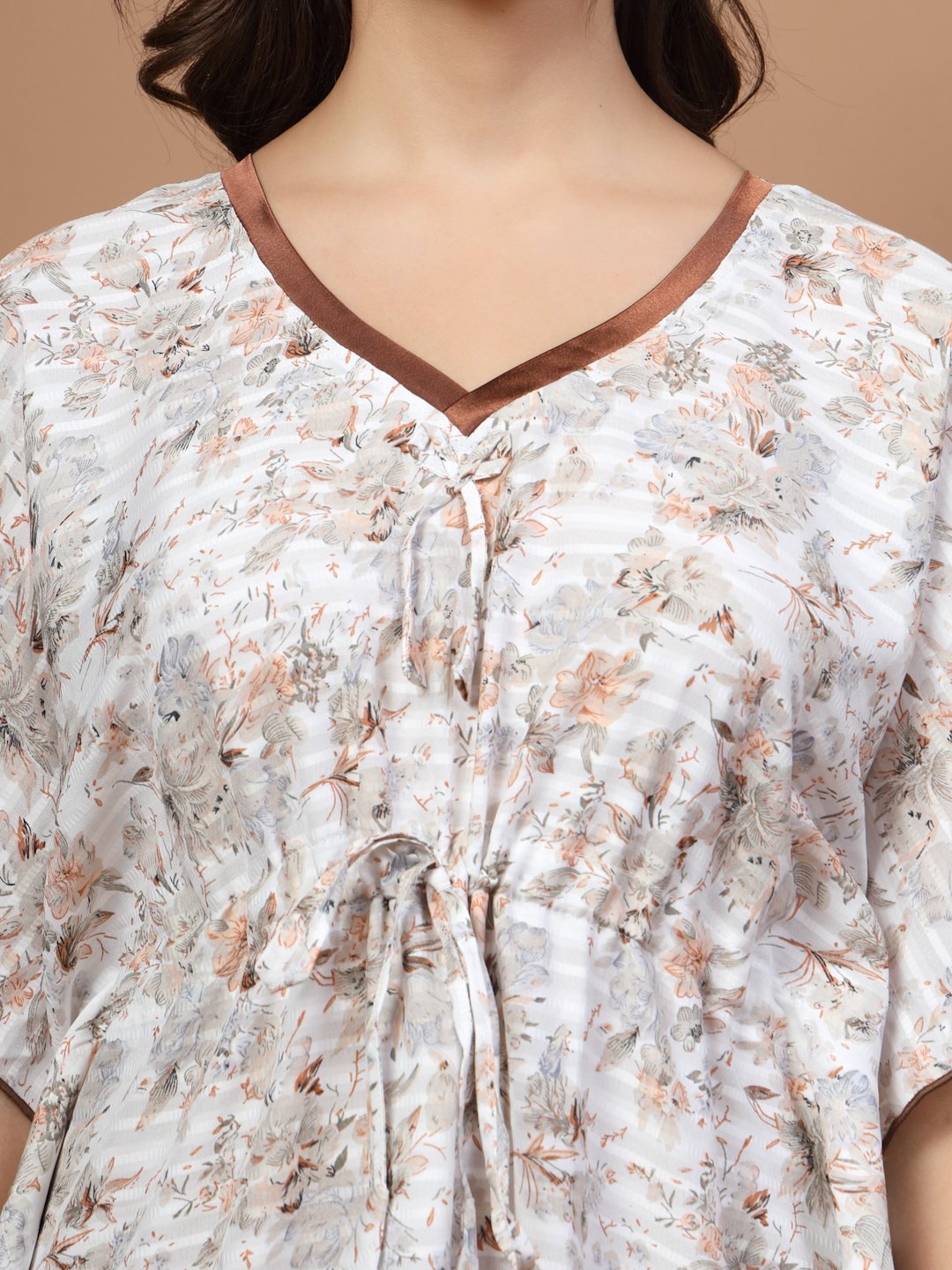 White Floral Cotton Blend Kaftan Maxi Nightdress