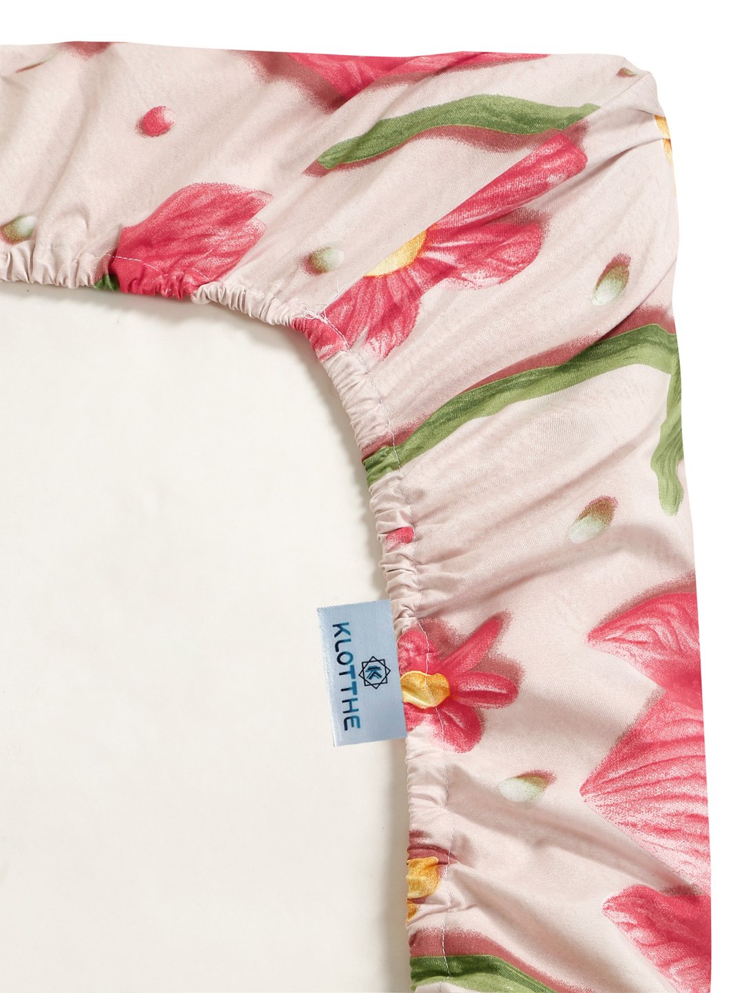 Beige Floral 7D King Size Cotton Blend Fitted Double Bedsheet with 2 Pillow Covers