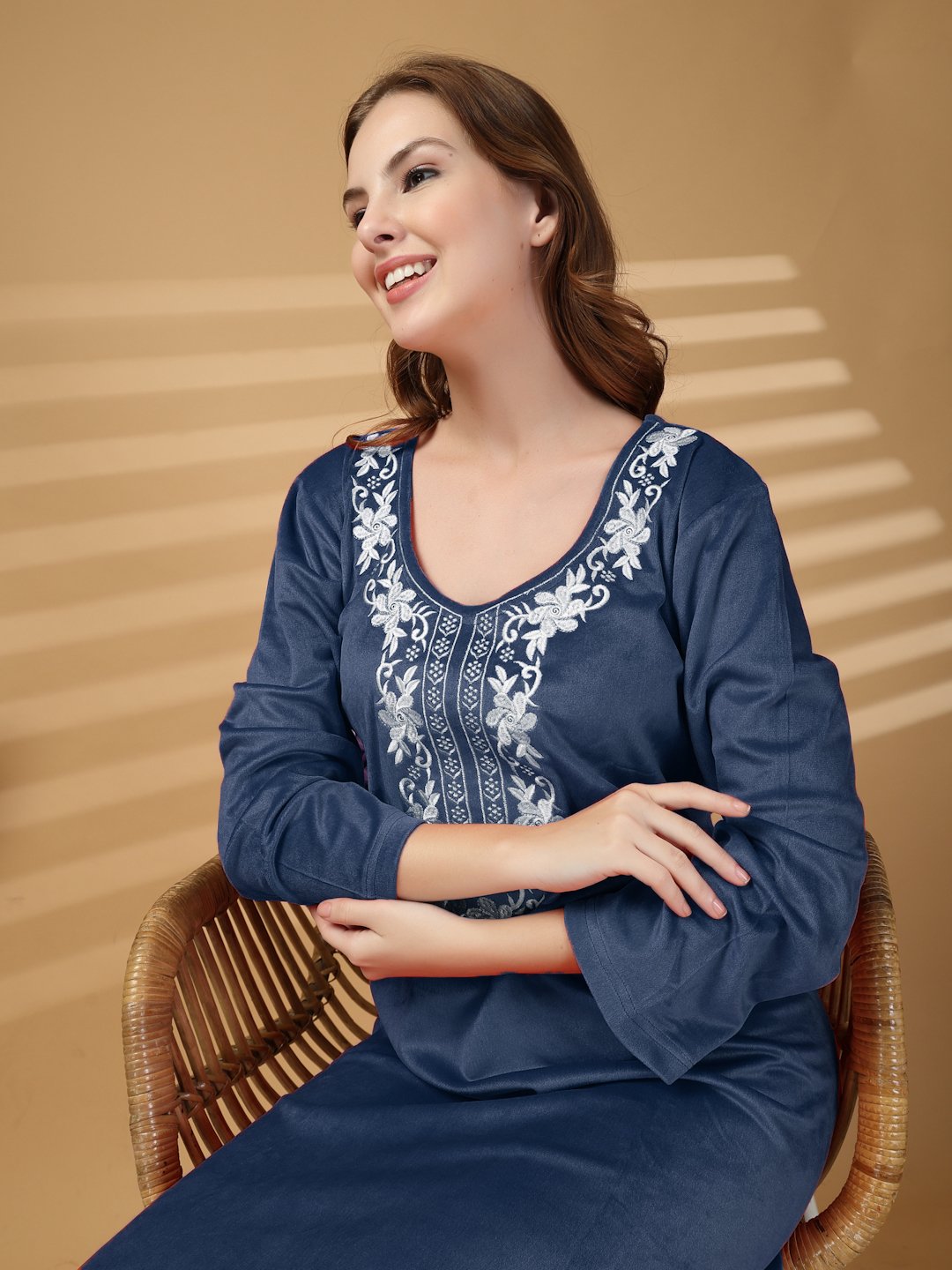 Klotthe Blue Solid Soft touch Velvet Maxi Nightdress