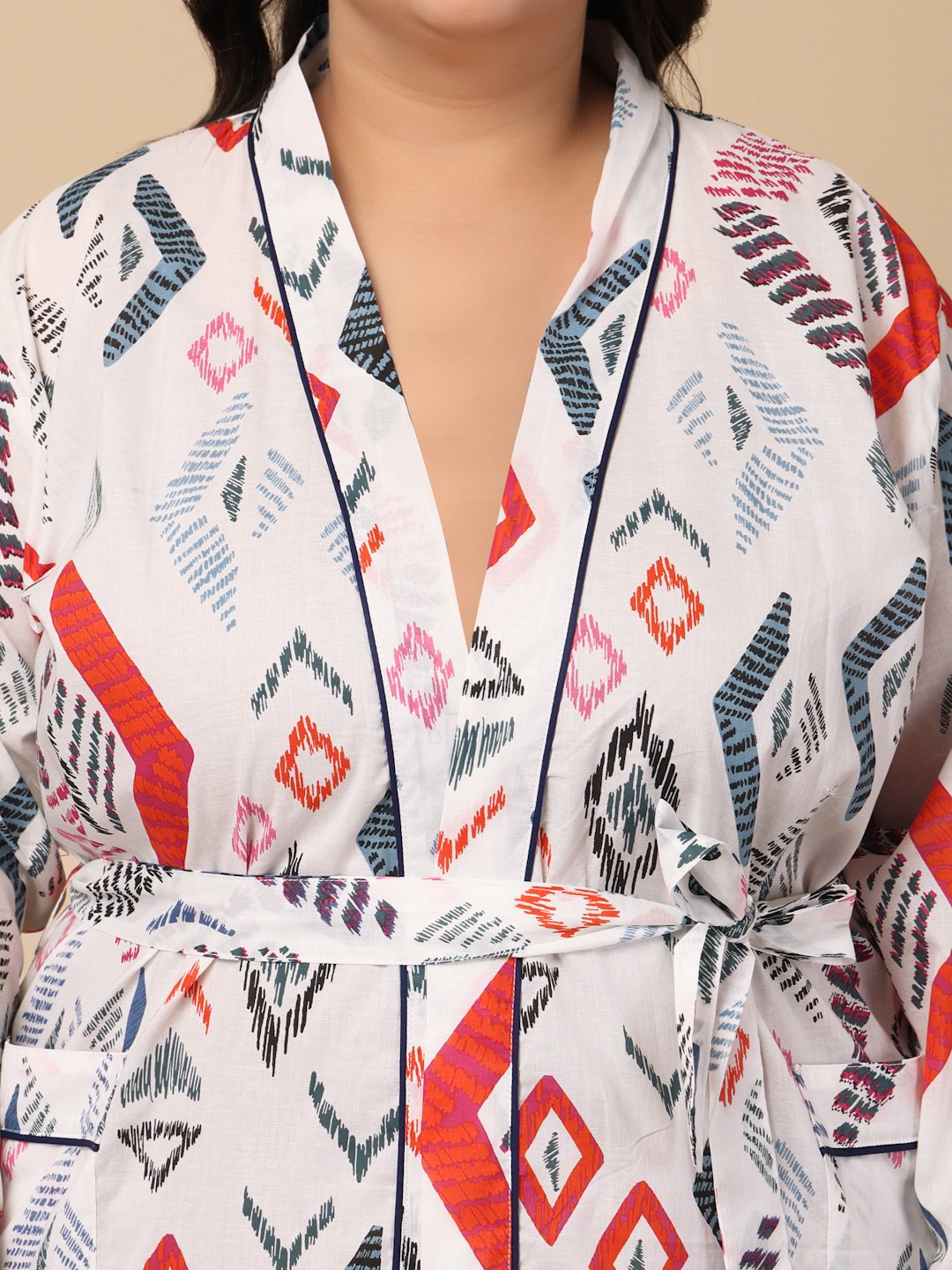 Women Printed White Abstract Plus Size Pure Cotton Bath Robe With Belt