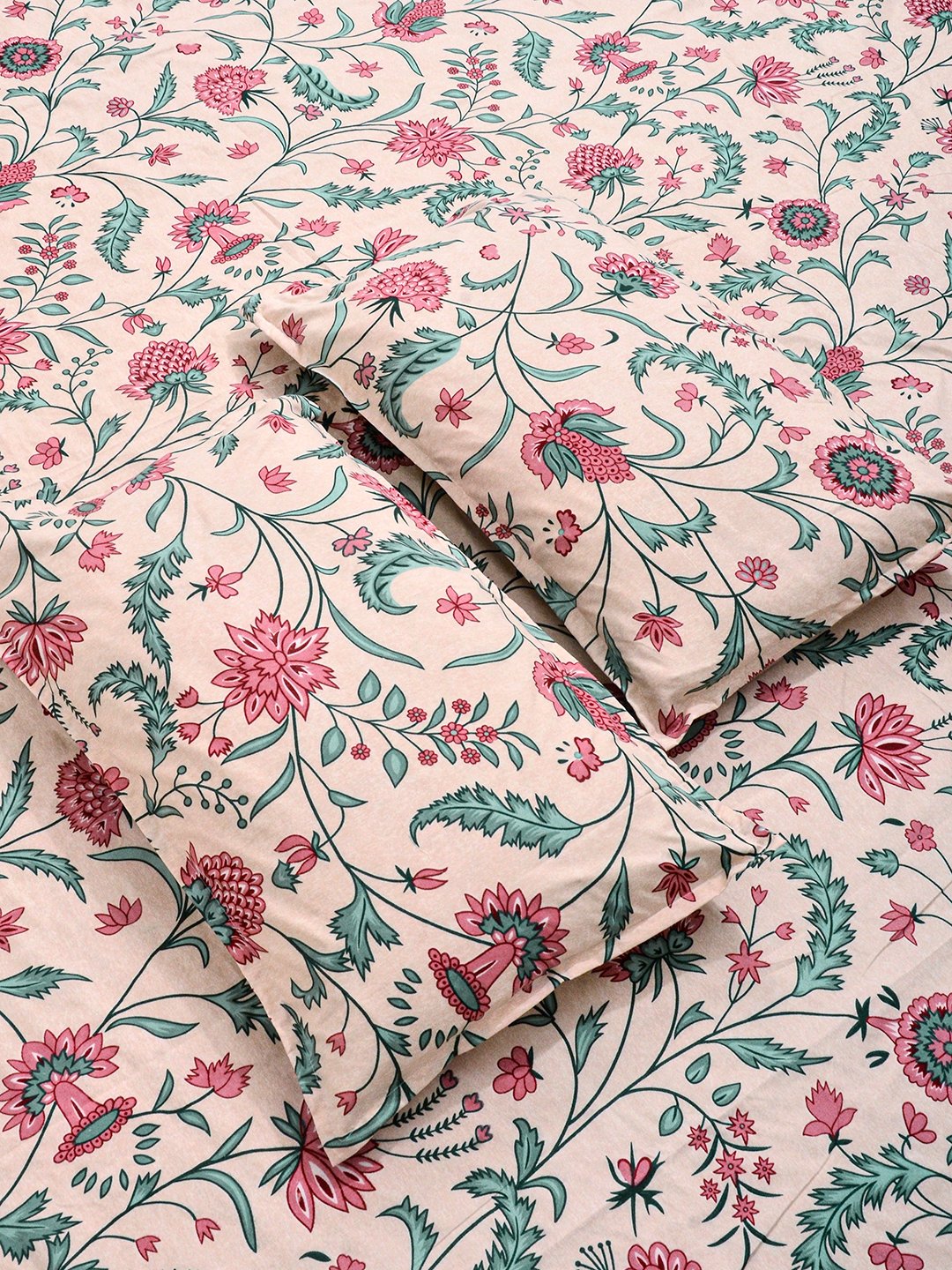 Beige Floral Cotton Blend Fitted Double Bedsheet with 2 Pillow Covers