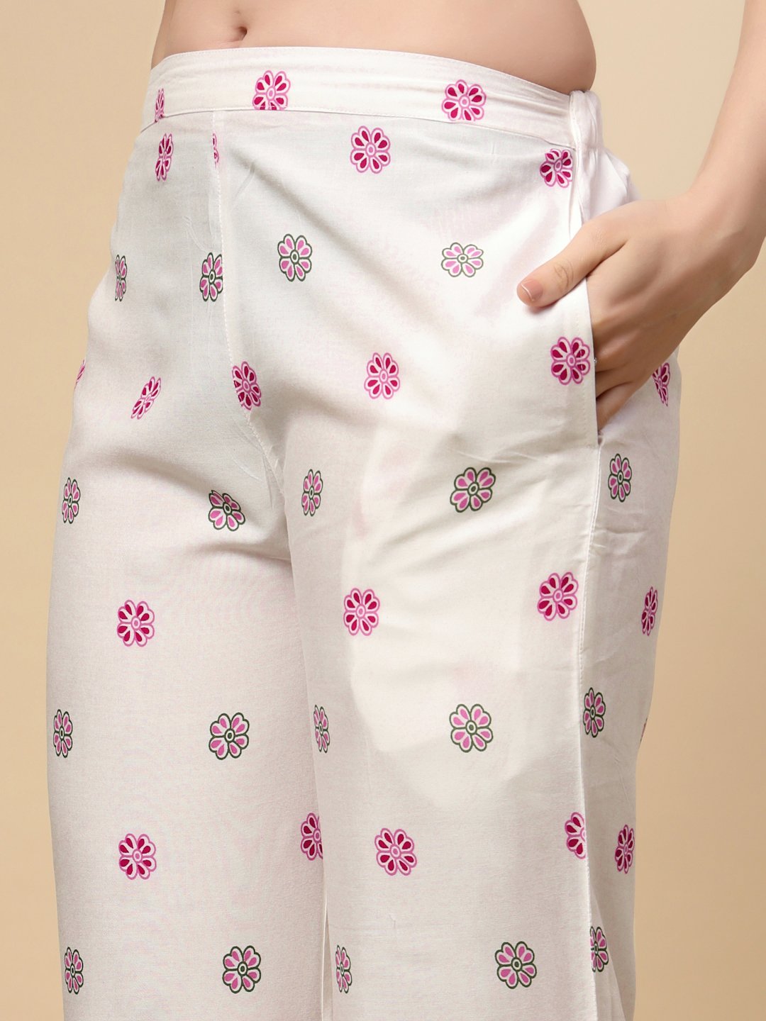 Cream Cotton Printed Shirt With Trousers Co-Ords Set