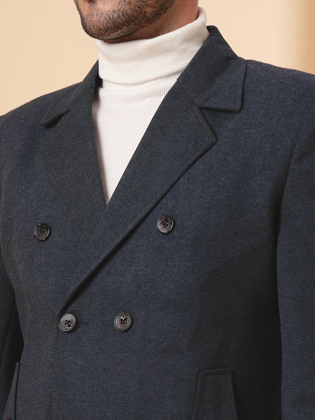 NavyBlue Long Sleeve Double-Breasted Woolen Coat