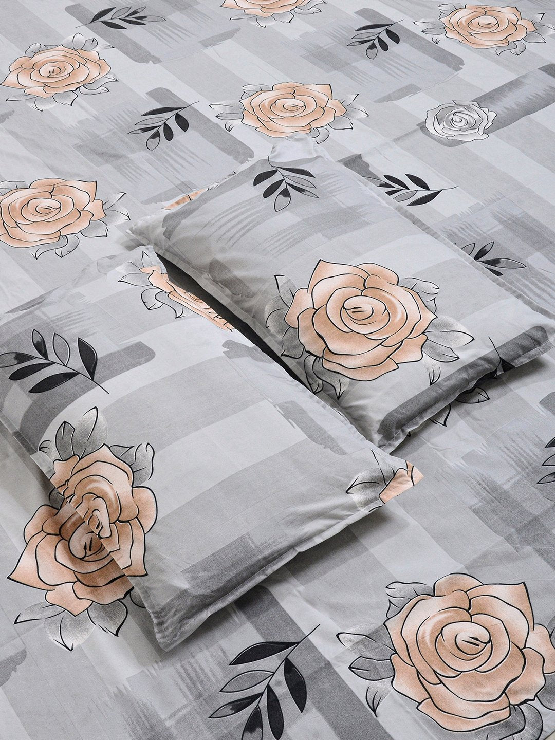 Grey Floral Cotton Blend Double Bedsheet with 2 Pillow Covers