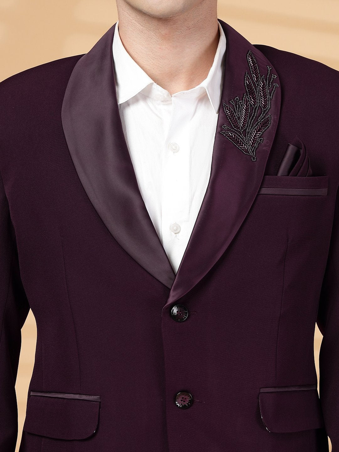 Wine Solid Embroidery Single-Breasted Two-Piece Party Suit