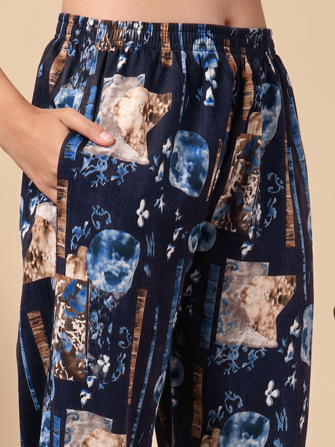 Blue Geometric Cotton Blend Women Night Suit