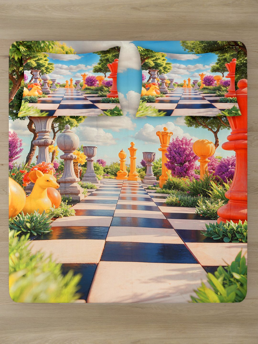 Multi Cartoon Characters 7D King Size Cotton Blend Fitted Double Bedsheet with 2 Pillow Covers