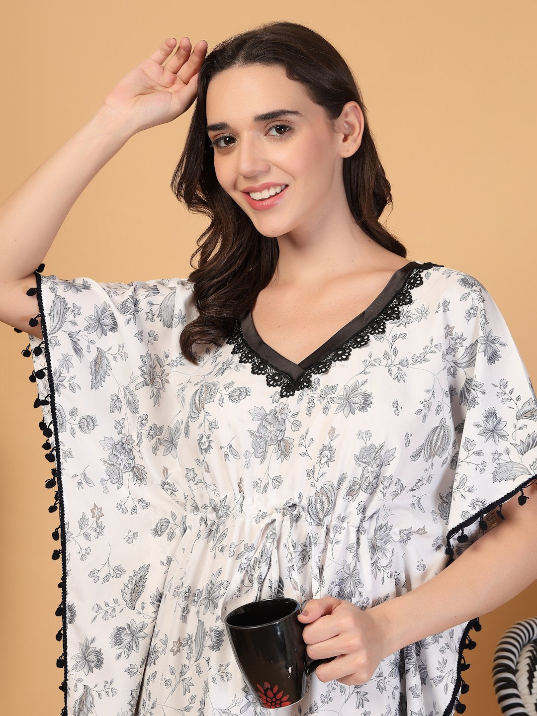 White Floral Cotton Blend Kaftan Maxi Nightdress