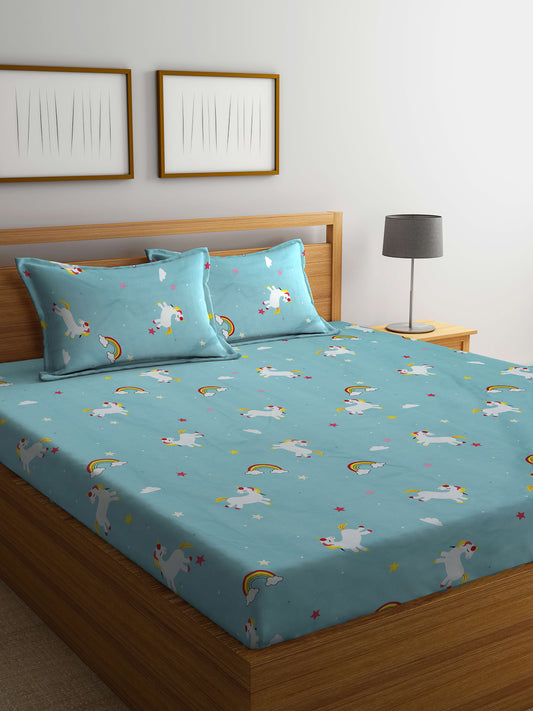 Klotthe Multicolor Cartoon Characters 300 TC Cotton Blend Fitted Double Bedsheet in Book Fold Packing