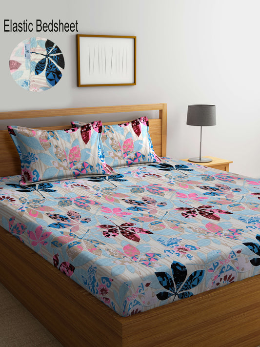 Klotthe Multicolor Floral Woolen Fitted Double Bed Sheet with 2 Pillow Covers