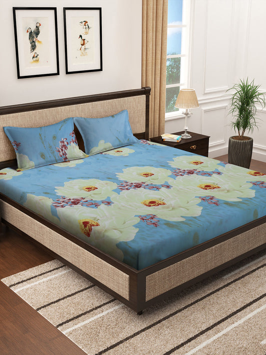 Klotthe Multicolor Floral 300 TC Cotton Blend King Size Double Bedsheet with 2 Pillow covers