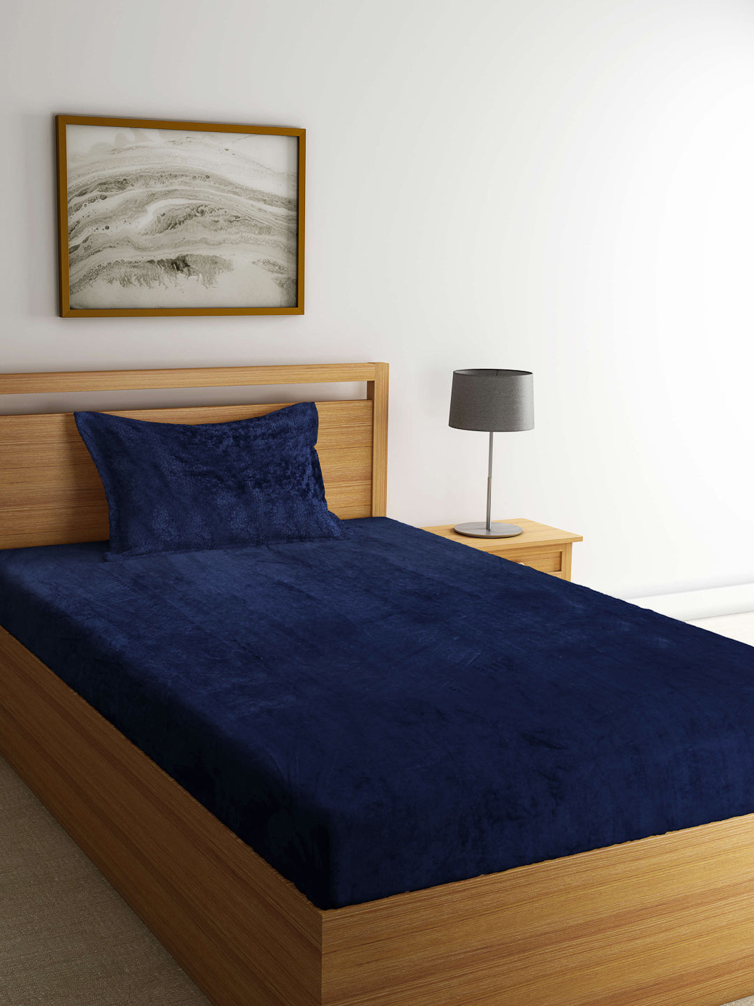 Klotthe Blue Solid Woolen Fitted Single Bed Sheet with Pillow Cover