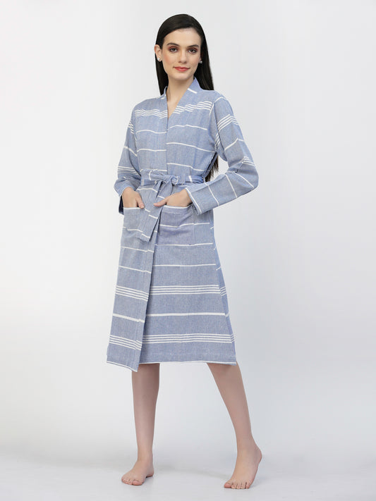 Klotthe Women Blue Striped Cotton Bath Robe With Belt