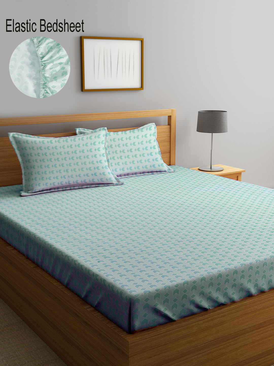 Klotthe Green Geometric 300 TC Cotton Blend Fitted Double Bedsheet with 2 Pillow Covers