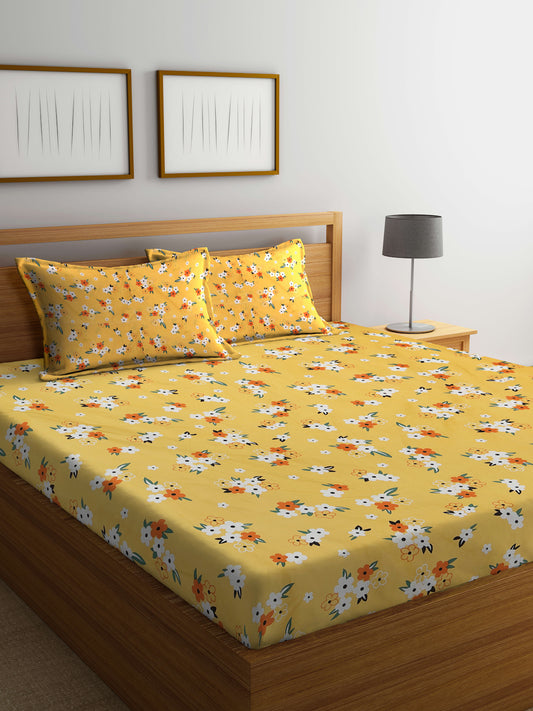 Klotthe Yellow Floral 300 TC Cotton Blend Double Bedsheet with 2 Pillow Covers