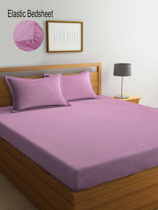 Klotthe Dark Pink Striped 300 TC Cotton Blend Elasticated Super King Double Bedsheet with 2 Pillow Covers (270X270 cm)