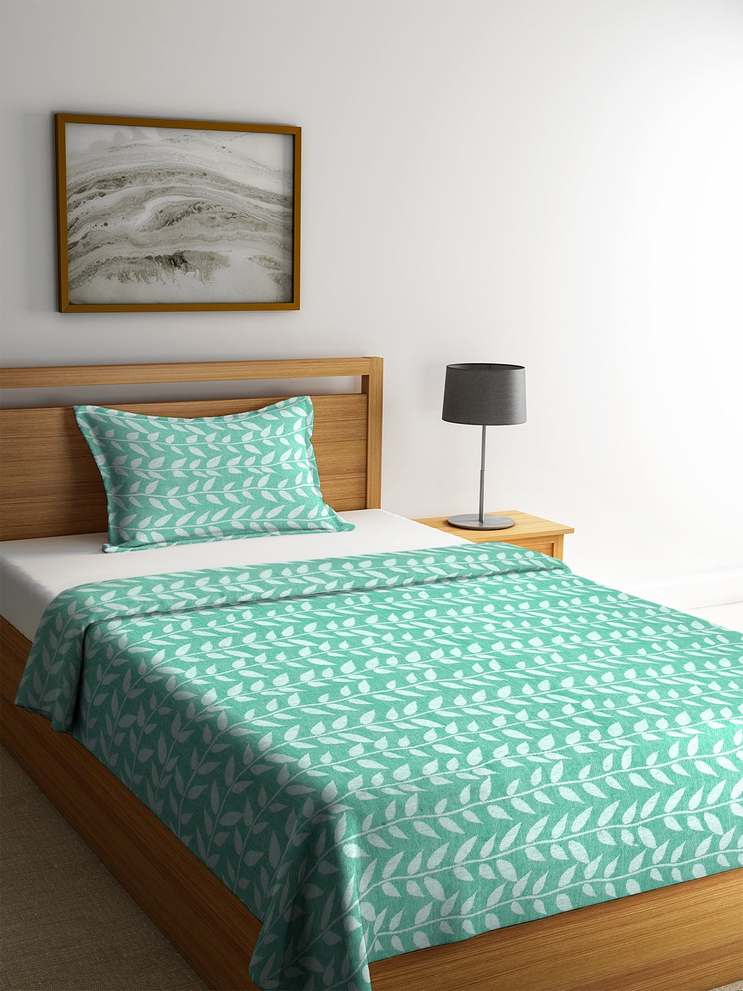 Klotthe Green Woven Design Single Bed cover with one pillow cover