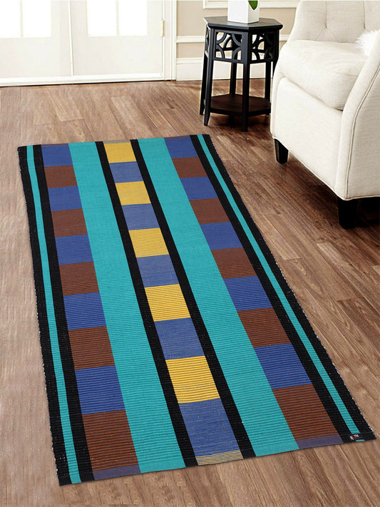KLOTTHE Set of Two Multicolor Cotton Striped Floor Mats & Dhurries 90X140 cm