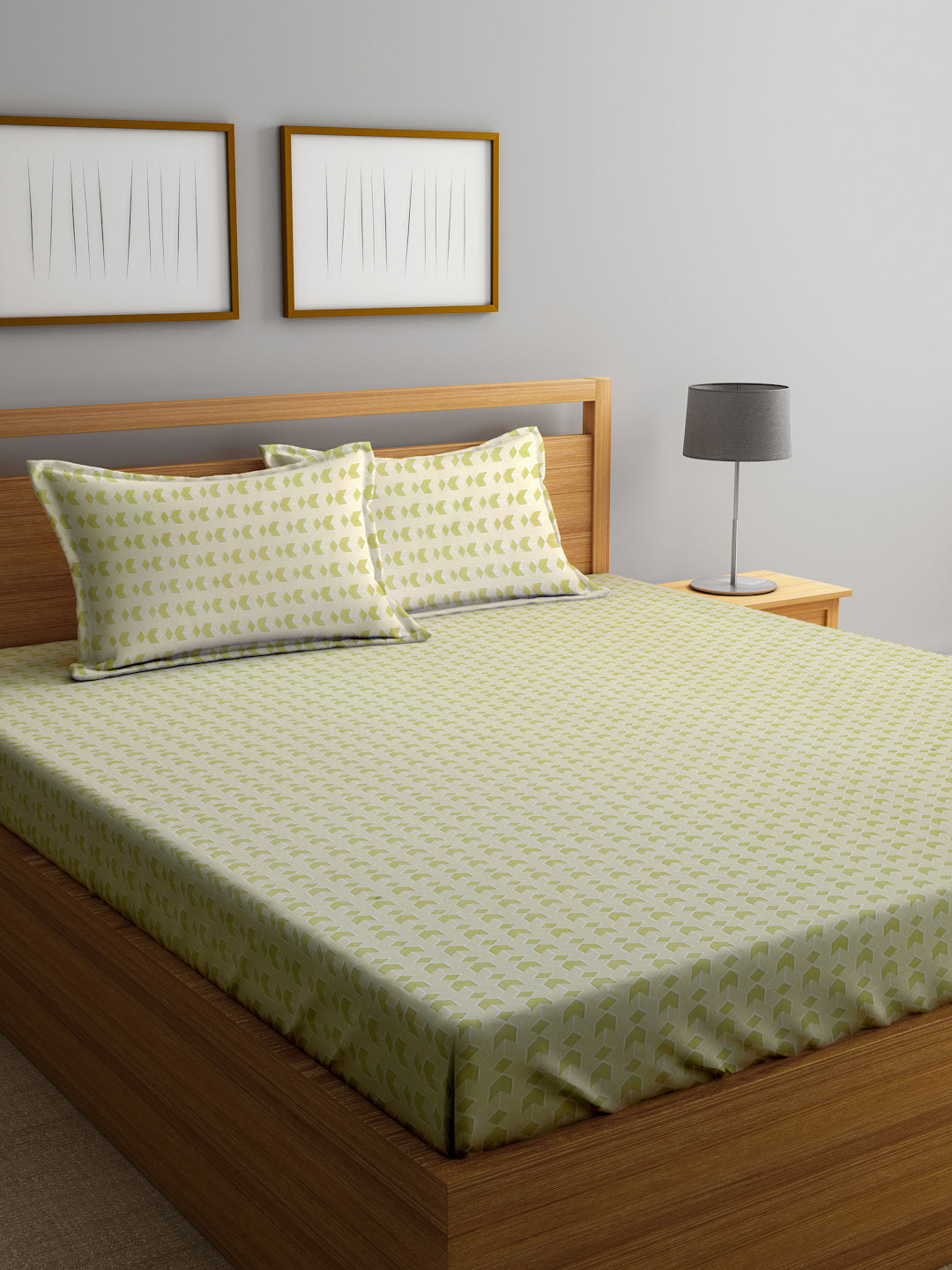Klotthe OliveGreen Geometric 300 TC Cotton Blend Double Bedsheet with 2 Pillow Covers