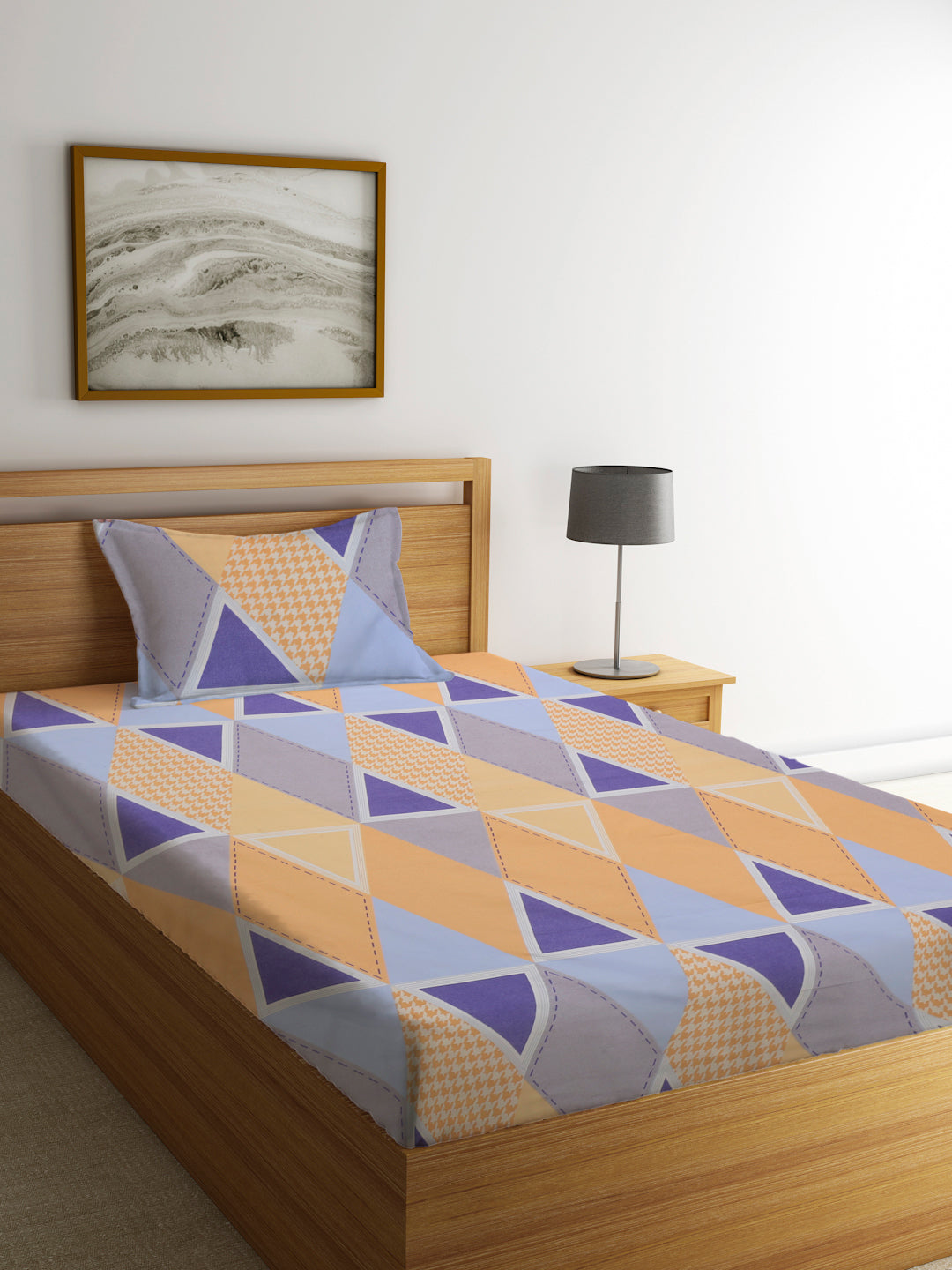Klotthe Multi 210 TC Geometric Cotton Blend Single Bed Sheet with Pillow Cover