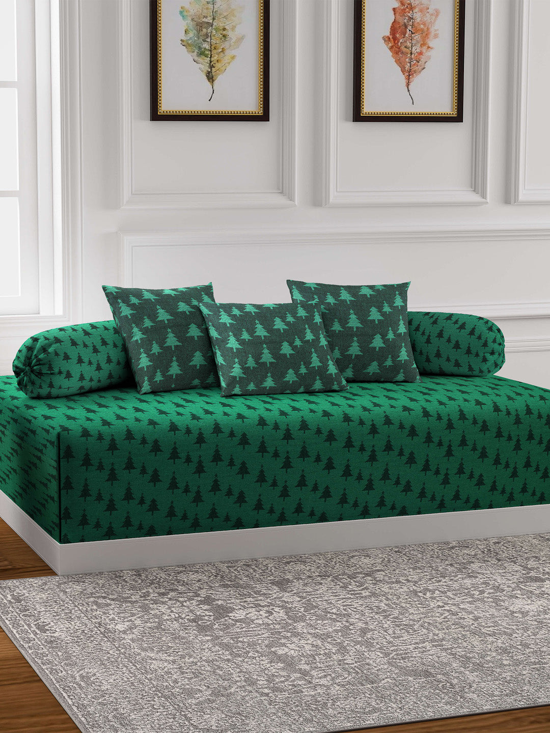 Klotthe Green Woven Design Single Bedsheet With 2 Bolster Covers & 3 Cushion Covers