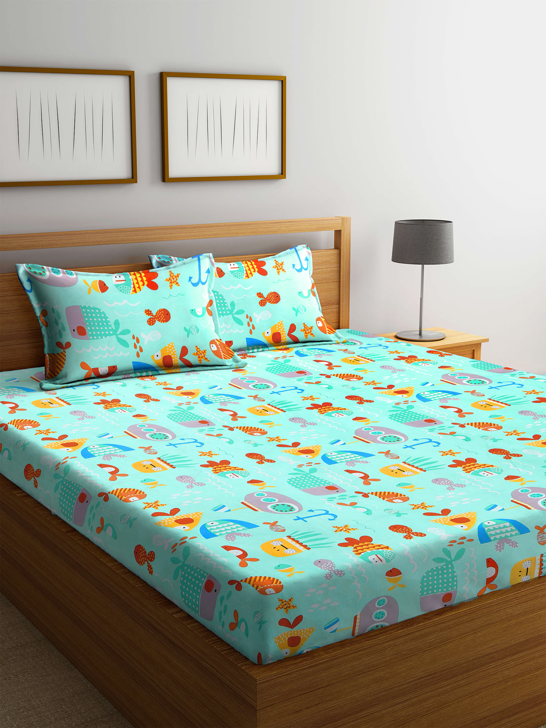 Klotthe Turquoise Kids Print Cotton Bedsheet with 2 Pillow covers