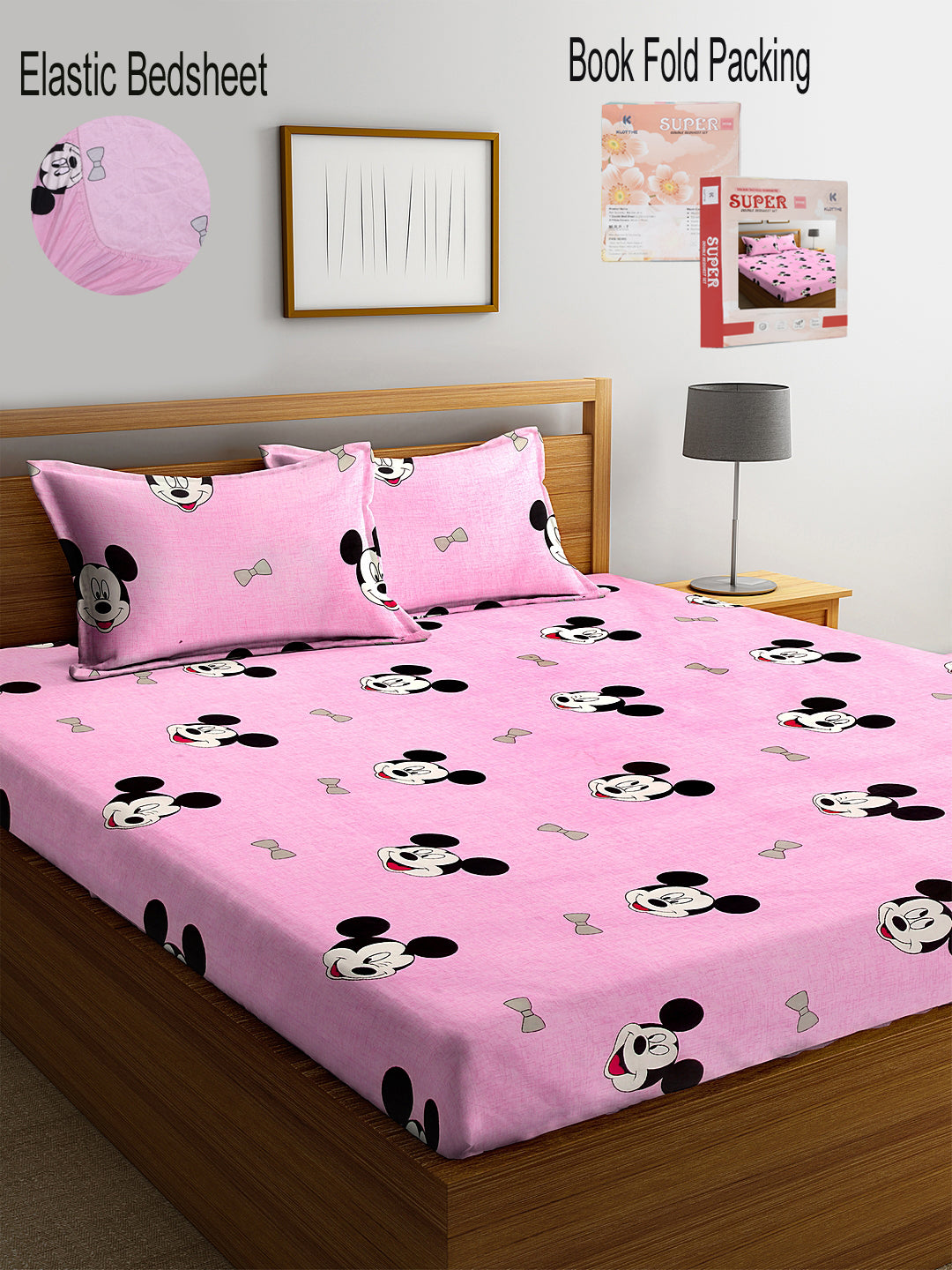 Klotthe Pink Cartoon Print 300 TC Cotton Blend Elasticated Double Bedsheet with 2 Pillow Cover in Book Fold Pack